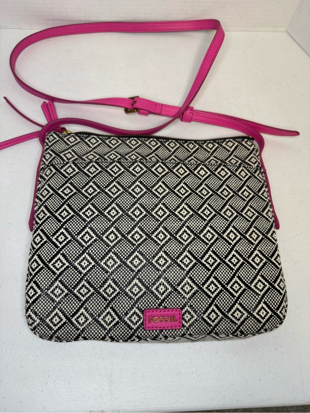 Fossil Black & White Geometric Crossbody with Hot Pink Trim